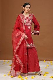 Maroon Floral Embroidered Straight Ethnic Set