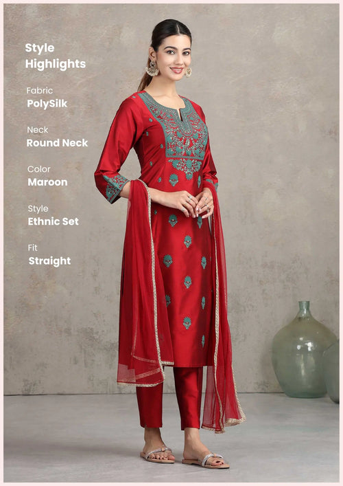 Maroon Floral Embroidered Straight Ethnic Set