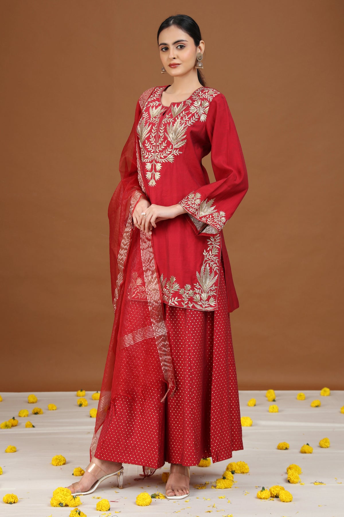 Maroon Floral Embroidered Straight Ethnic Set