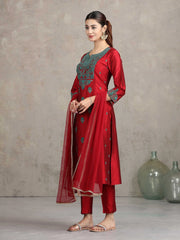 Maroon Floral Embroidered Straight Ethnic Set