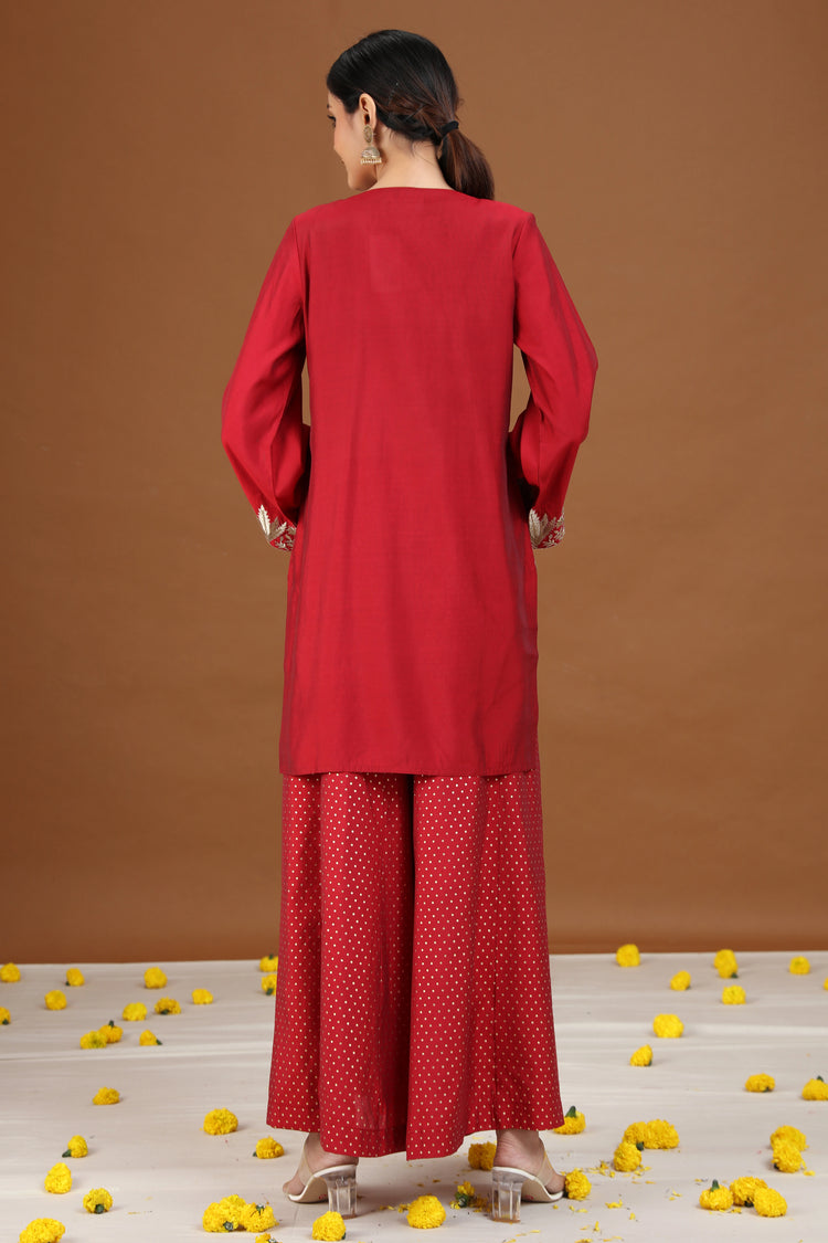 Maroon Floral Embroidered Straight Ethnic Set