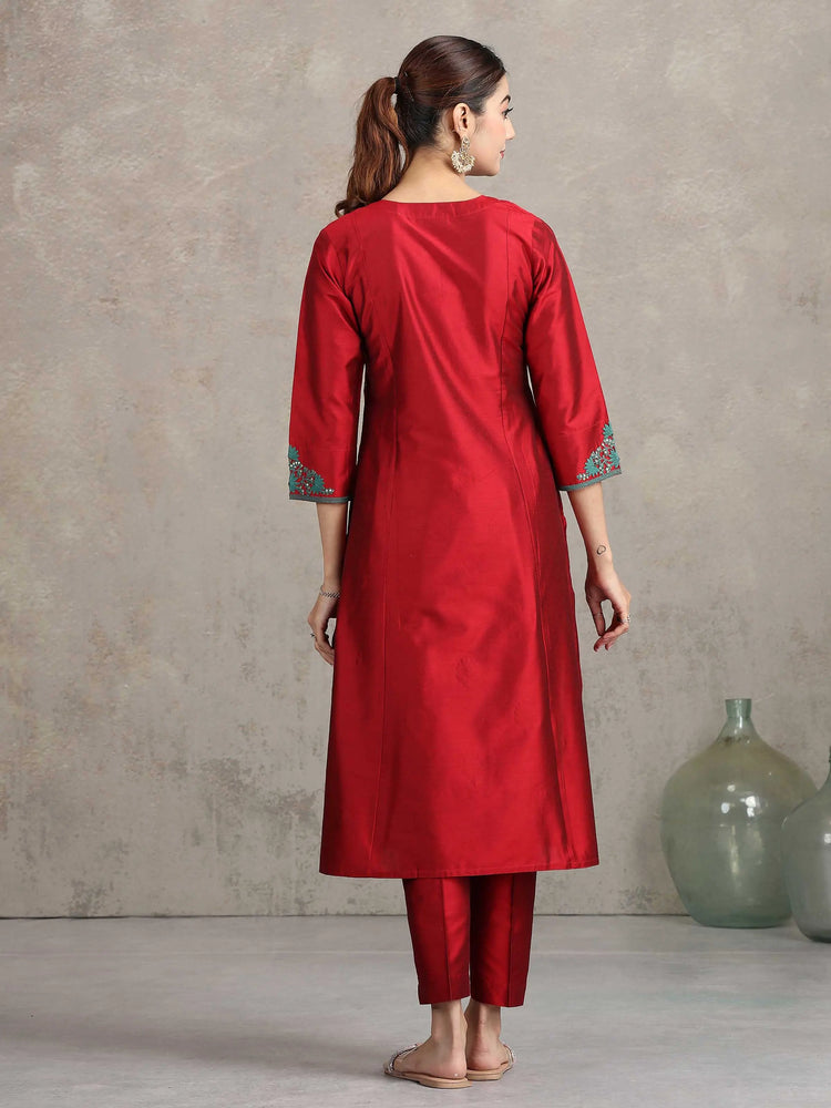 Maroon Floral Embroidered Straight Ethnic Set