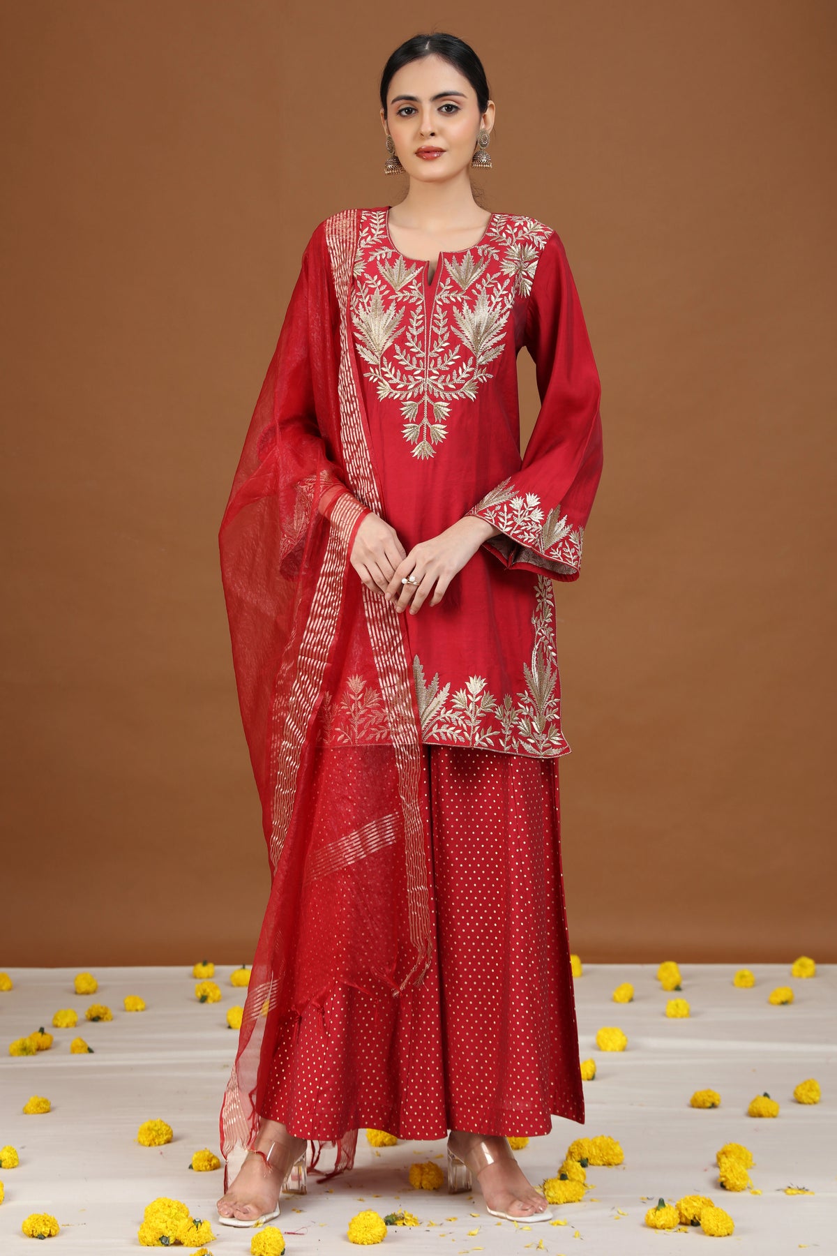 Maroon Floral Embroidered Straight Ethnic Set