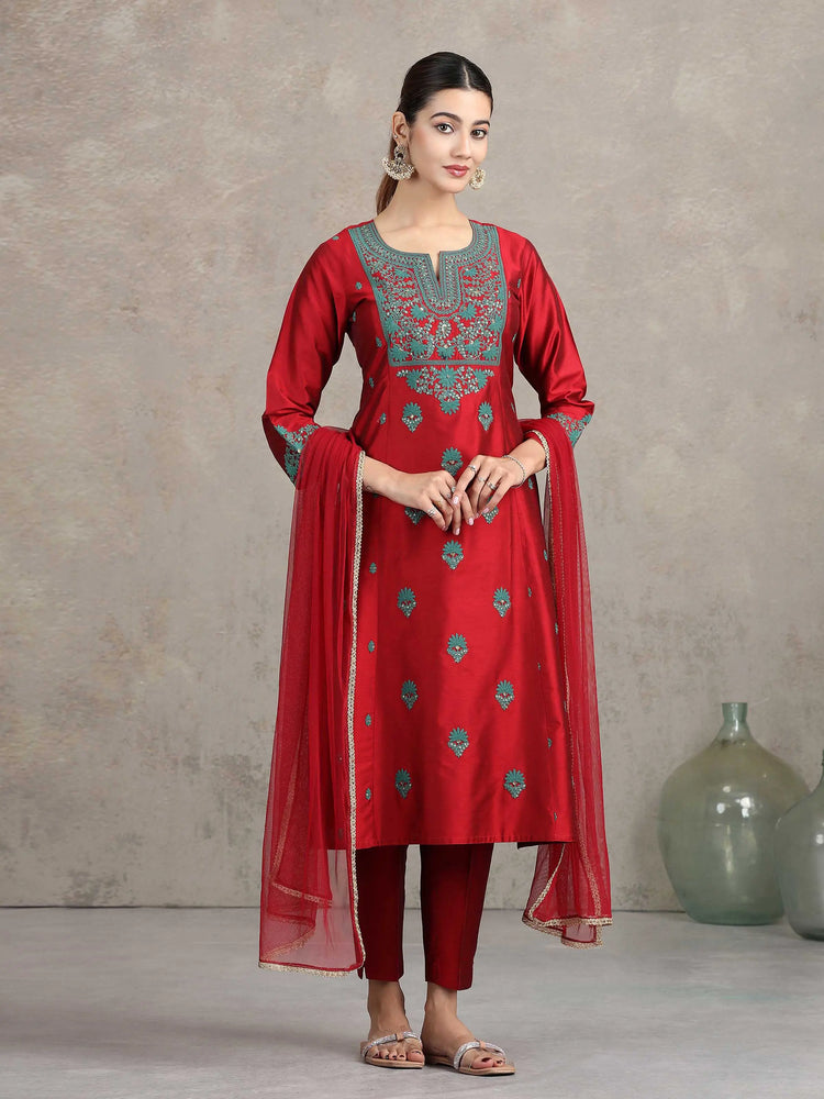 Maroon Floral Embroidered Straight Ethnic Set