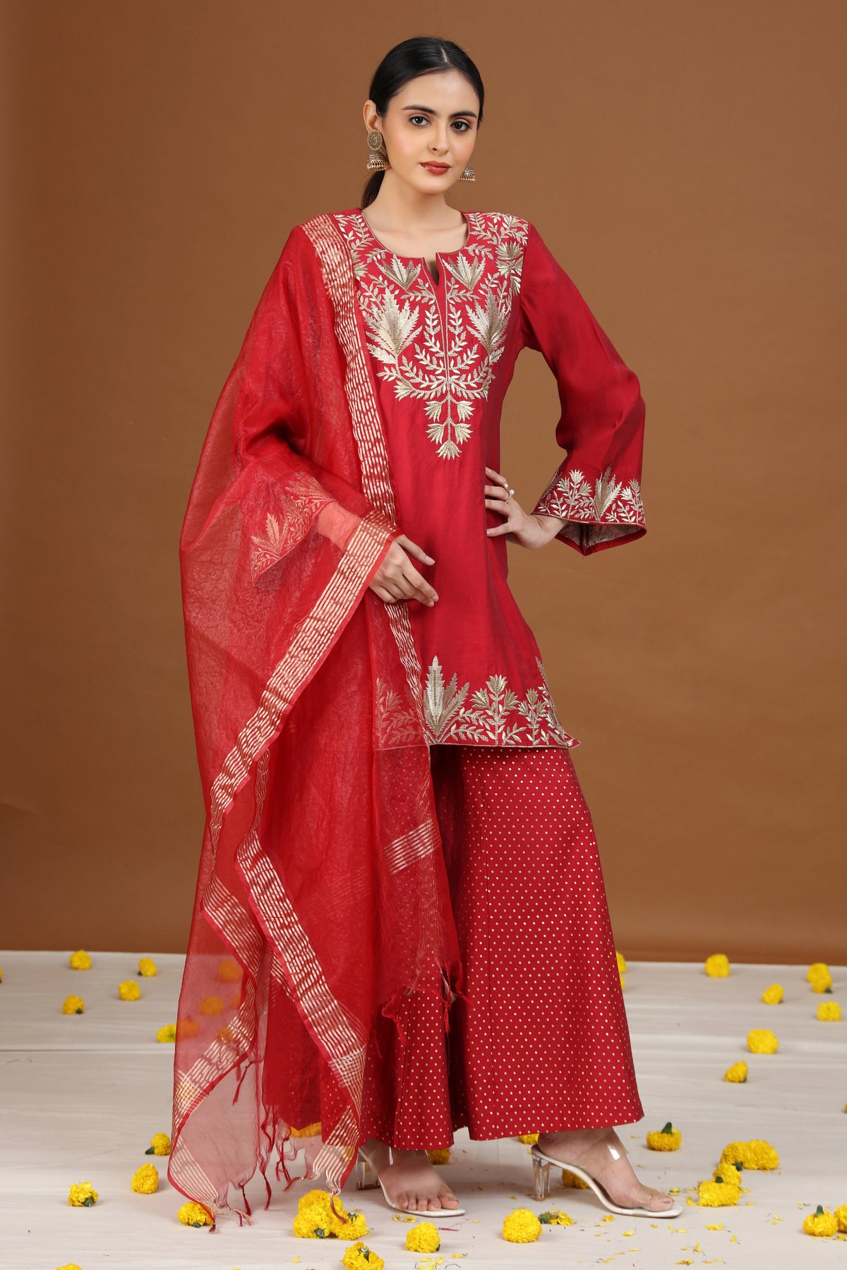 Maroon Floral Embroidered Straight Ethnic Set