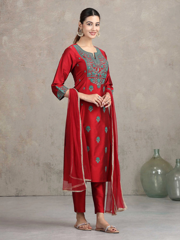 Maroon Floral Embroidered Straight Ethnic Set