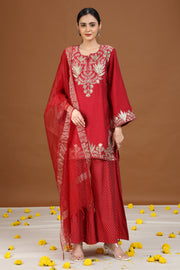 Maroon Floral Embroidered Straight Ethnic Set