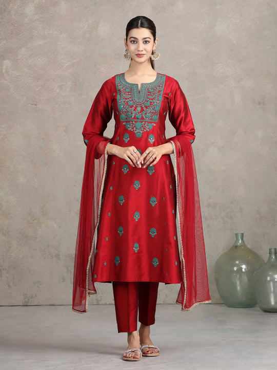 Maroon Floral Embroidered Straight Ethnic Set