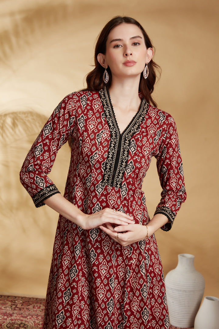Maroon Floral Printed Cotton A-Line Kurta