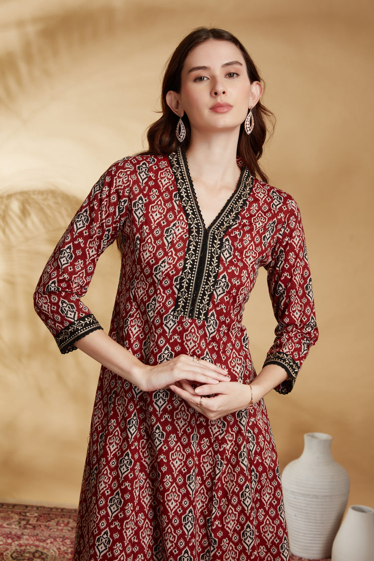 Maroon Floral Printed Cotton A-Line Kurta