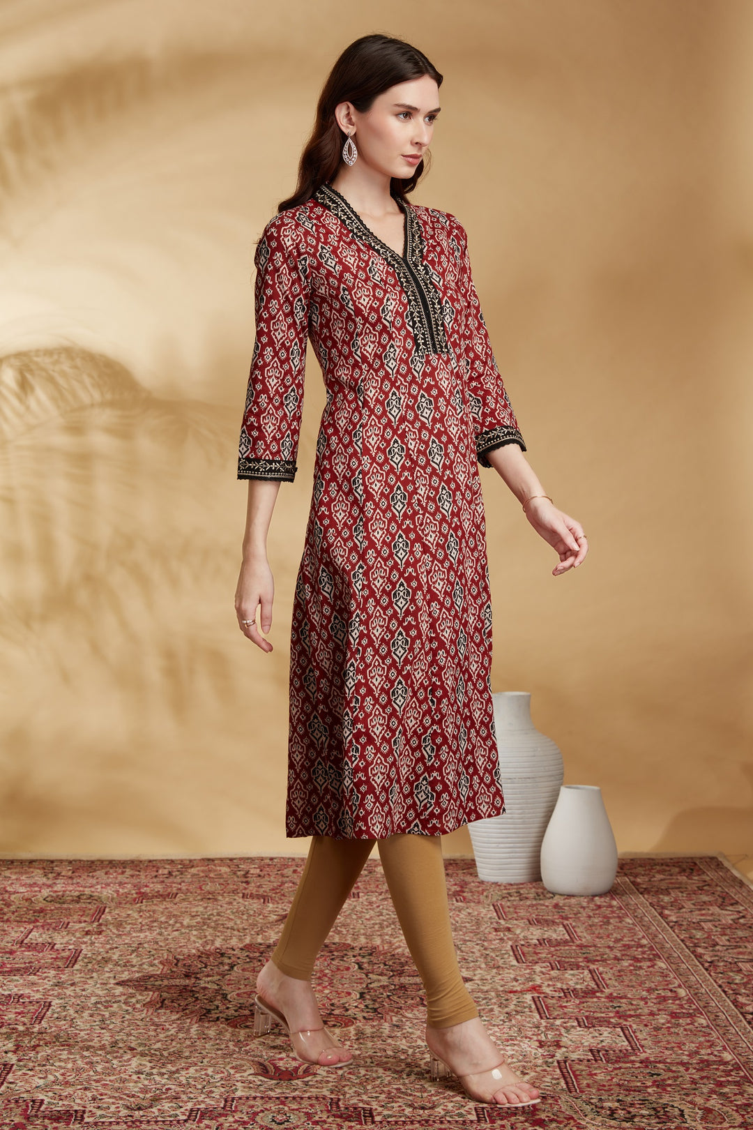 Maroon Floral Printed Cotton A-Line Kurta