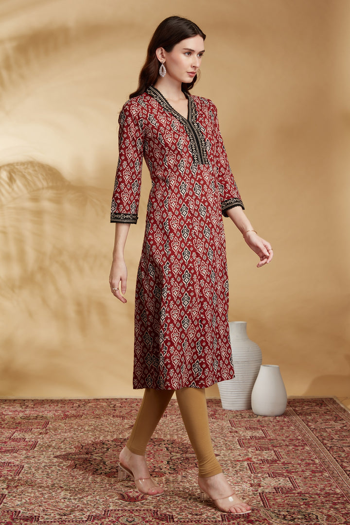 Maroon Floral Printed Cotton A-Line Kurta