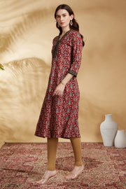 Maroon Floral Printed Cotton A-Line Kurta