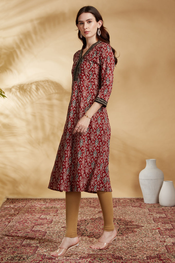 Maroon Floral Printed Cotton A-Line Kurta