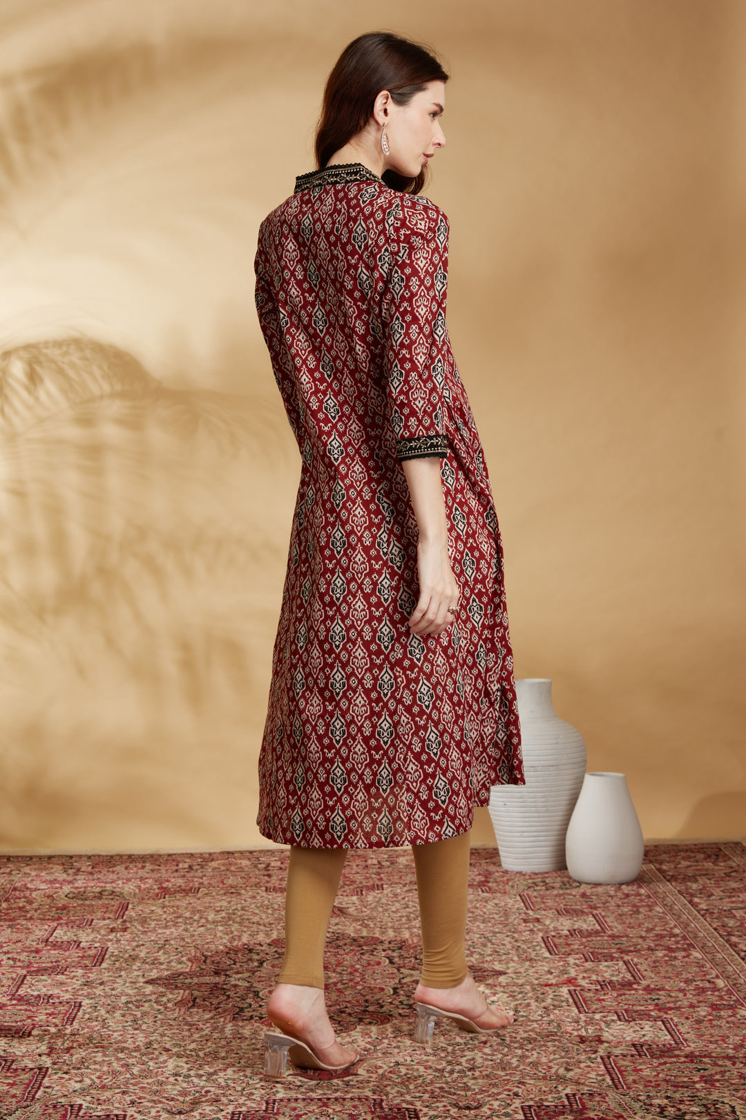 Maroon Floral Printed Cotton A-Line Kurta