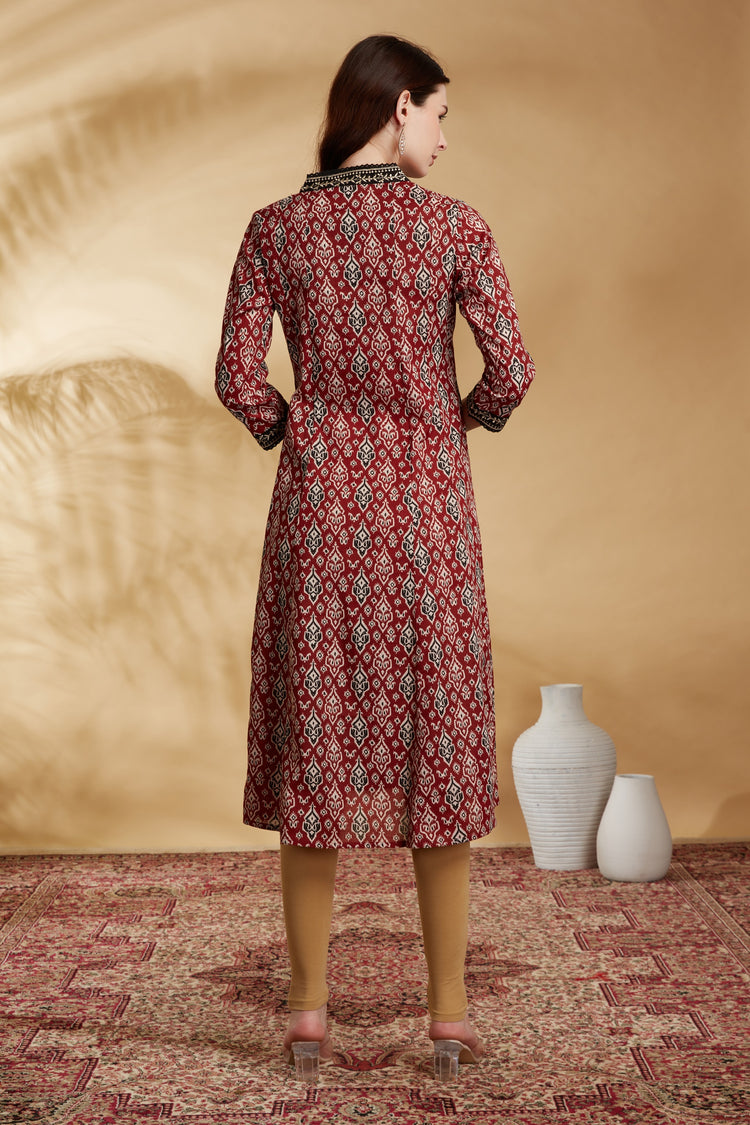 Maroon Floral Printed Cotton A-Line Kurta