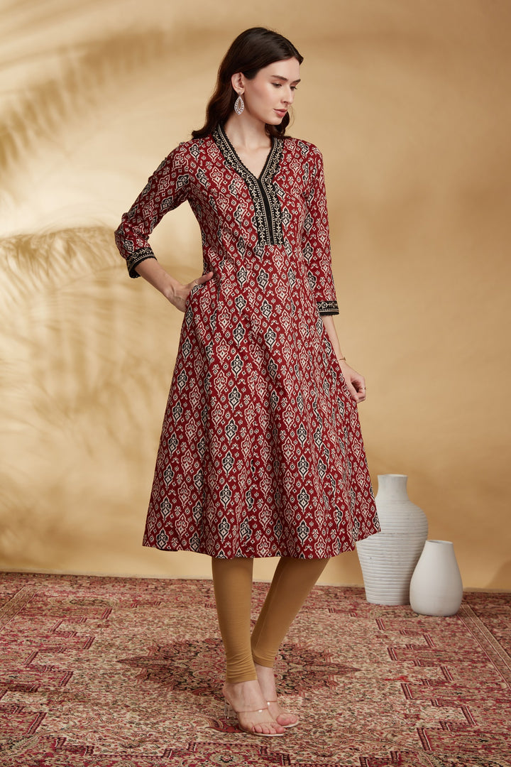Maroon Floral Printed Cotton A-Line Kurta