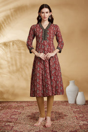 Maroon Floral Printed Cotton A-Line Kurta