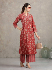 Maroon Floral Printed Straight Co-ord Set