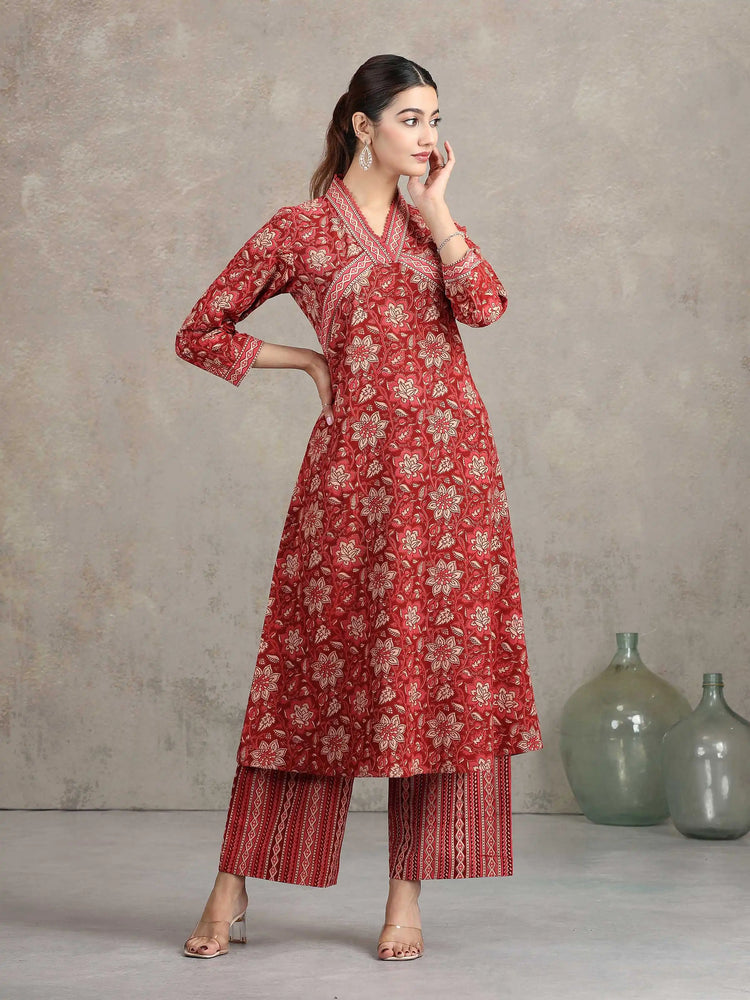 Maroon Floral Printed Straight Co-ord Set