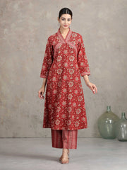 Maroon Floral Printed Straight Co-ord Set