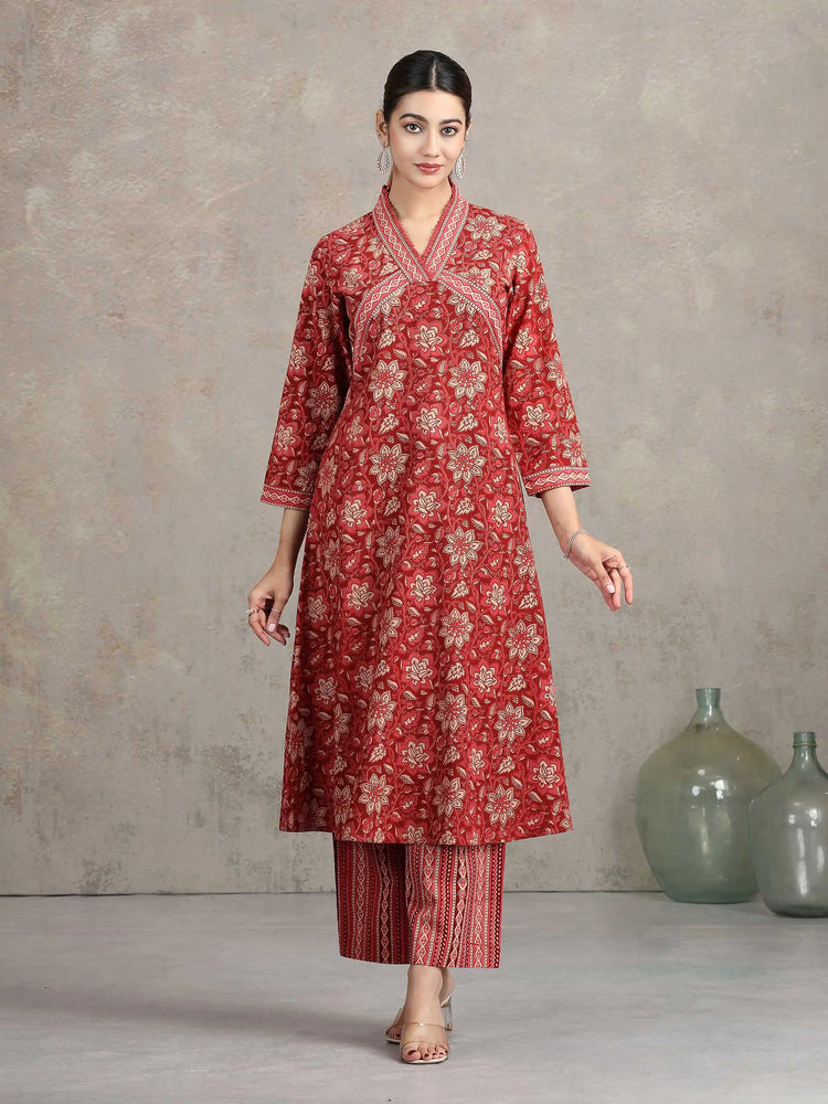 Maroon Floral Printed Straight Co-ord Set