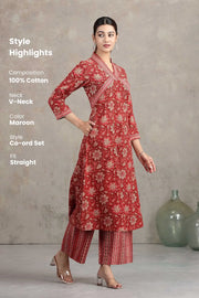Maroon Floral Printed Straight Co-ord Set