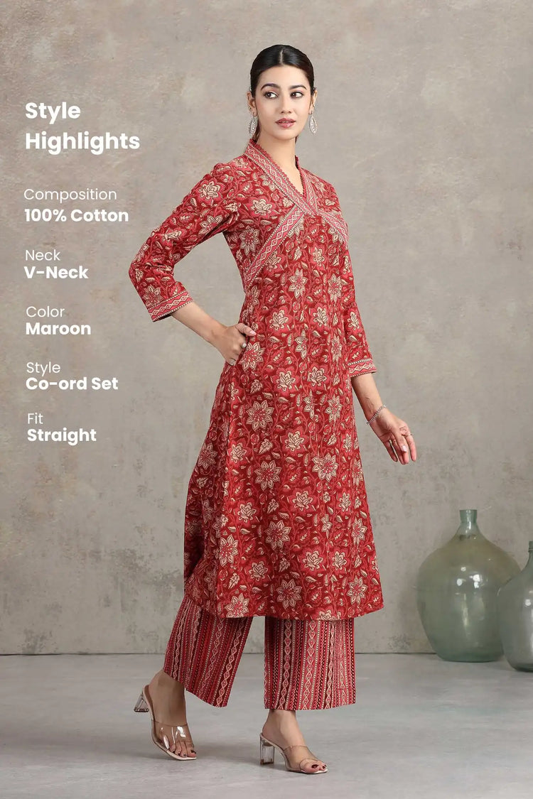 Maroon Floral Printed Straight Co-ord Set