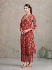 Maroon Floral Printed Straight Co-ord Set