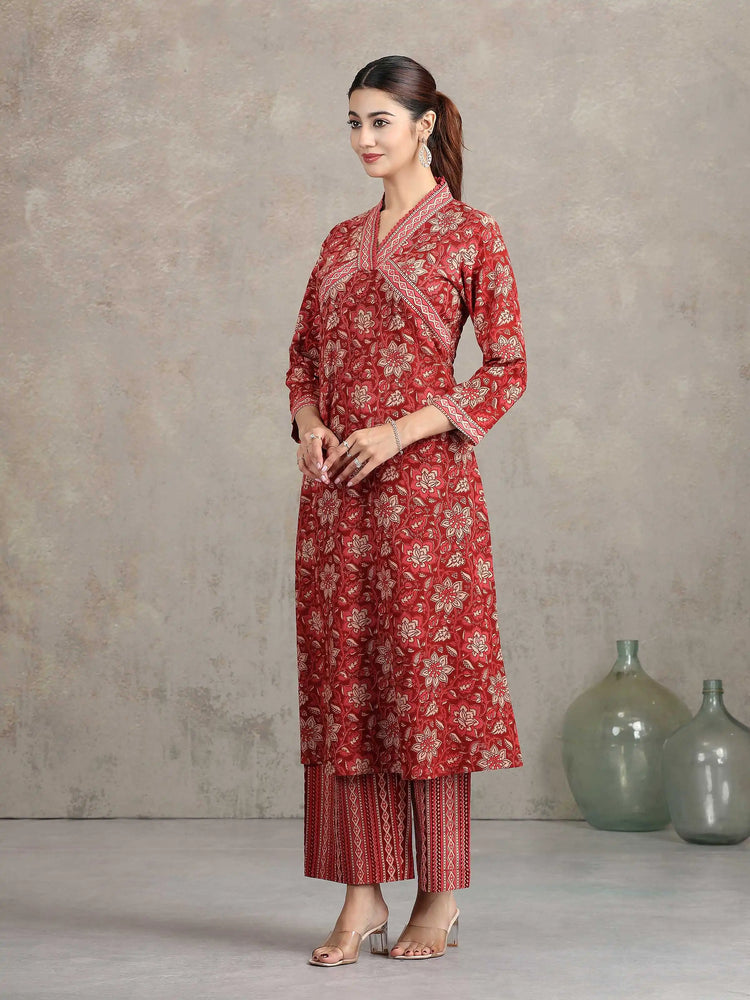 Maroon Floral Printed Straight Co-ord Set