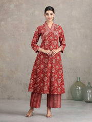 Maroon Floral Printed Straight Co-ord Set