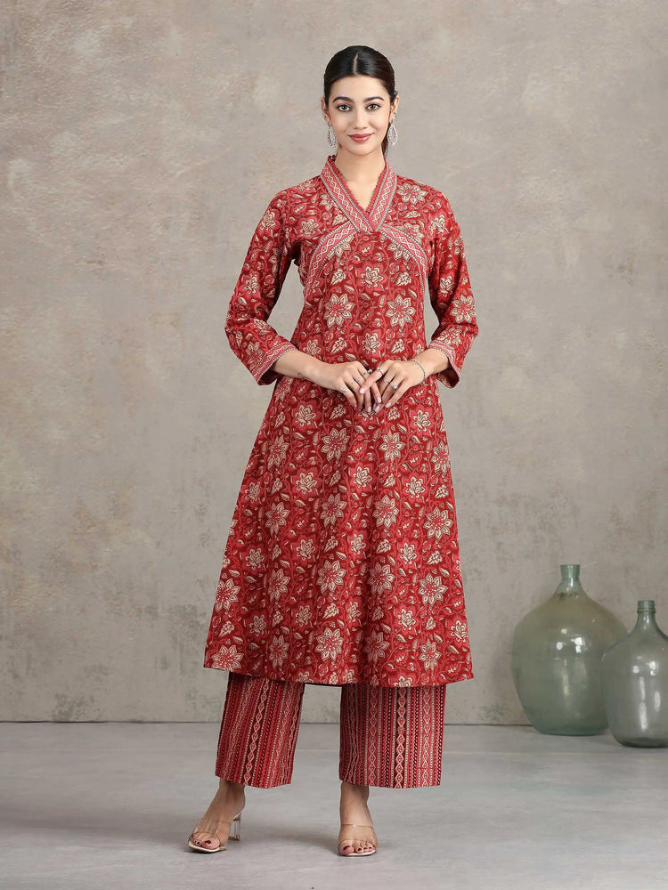 Maroon Floral Printed Straight Co-ord Set