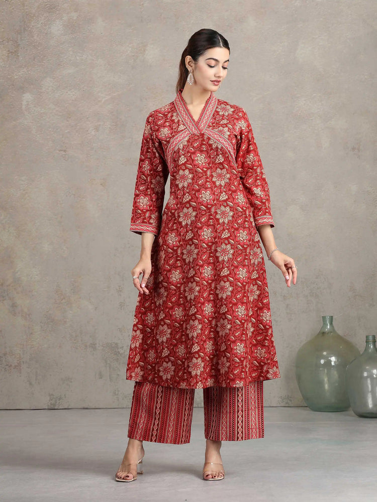 Maroon Floral Printed Straight Co-ord Set