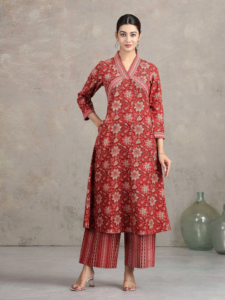 Maroon Floral Printed Straight Co-ord Set