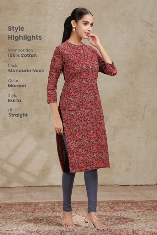 Maroon Floral Printed Straight Cotton Kurta