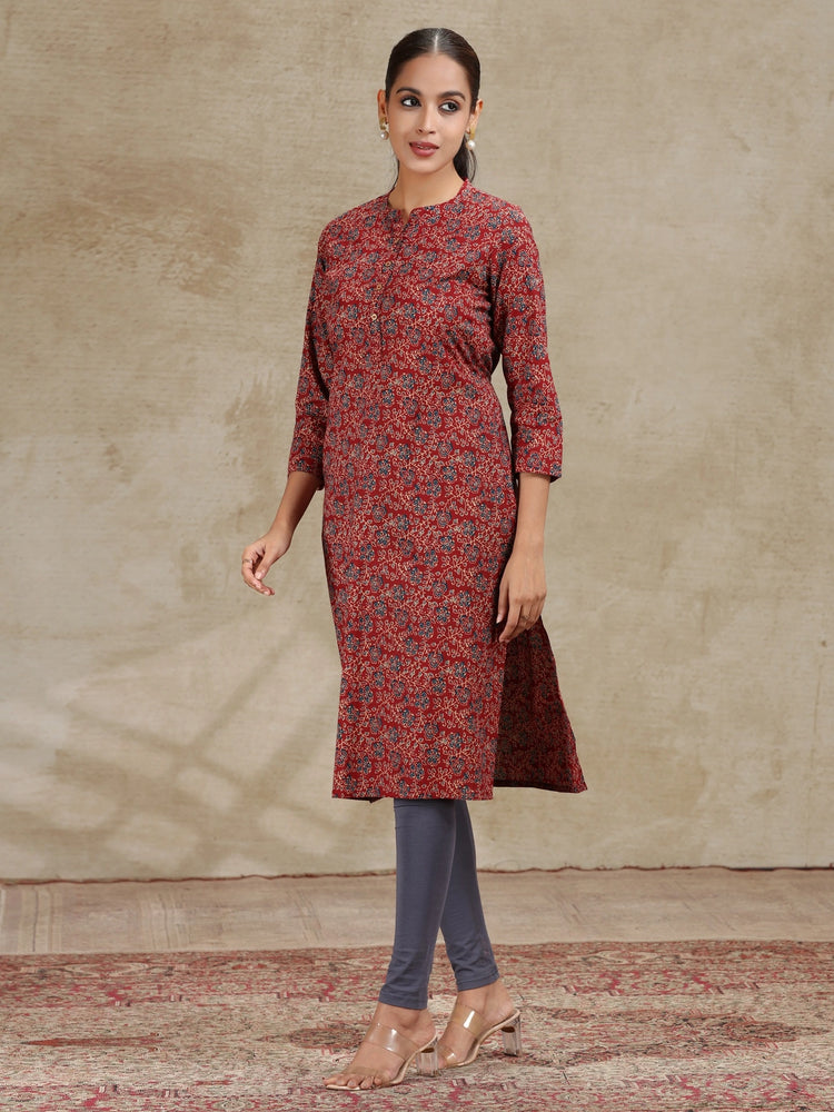 Maroon Floral Printed Straight Cotton Kurta