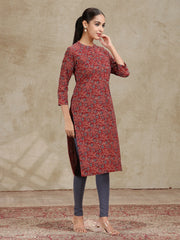 Maroon Floral Printed Straight Cotton Kurta