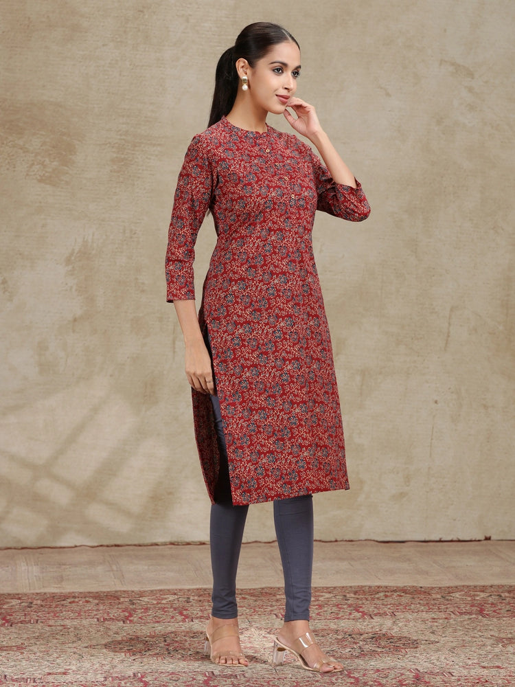 Maroon Floral Printed Straight Cotton Kurta
