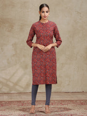 Maroon Floral Printed Straight Cotton Kurta