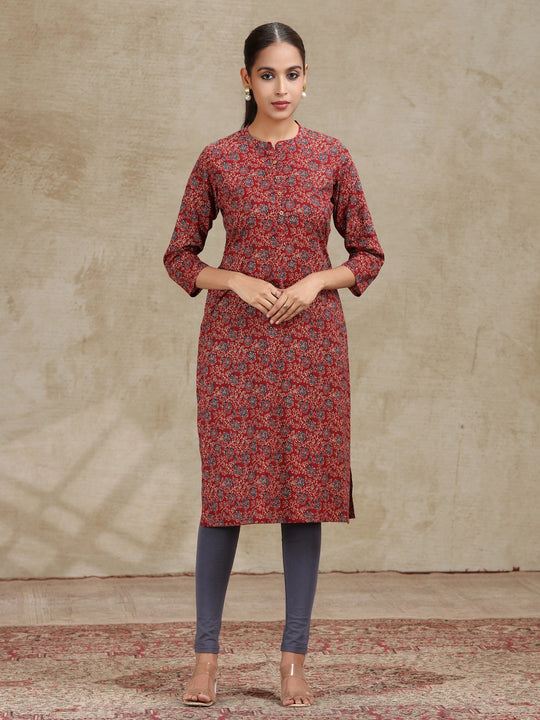 Maroon Floral Printed Straight Cotton Kurta