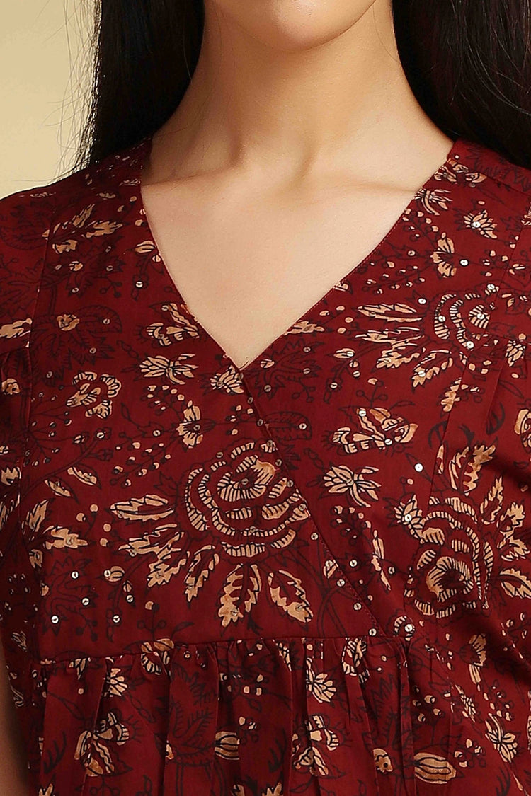 Maroon Jaipuri Cotton Printed Short kurta online for women and girls