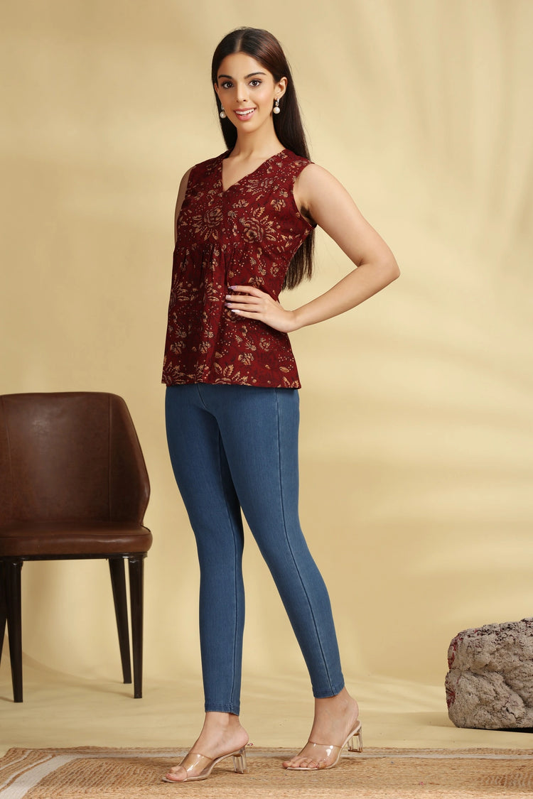 Maroon Jaipuri Cotton Printed Short kurta online for women and girls