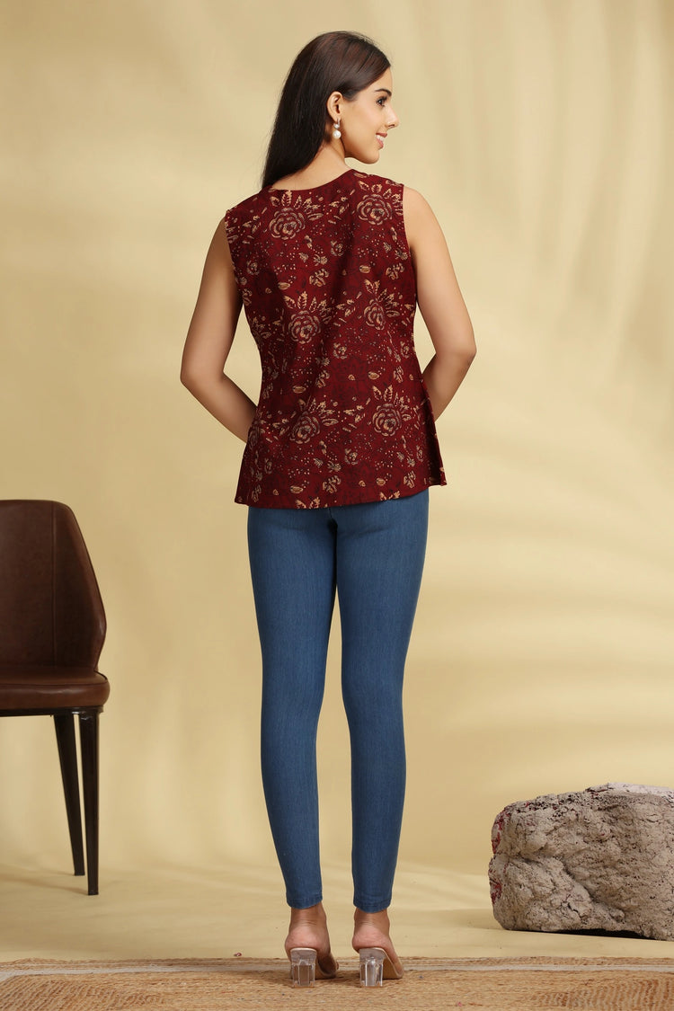 Maroon Jaipuri Cotton Printed Short kurta online for women and girls