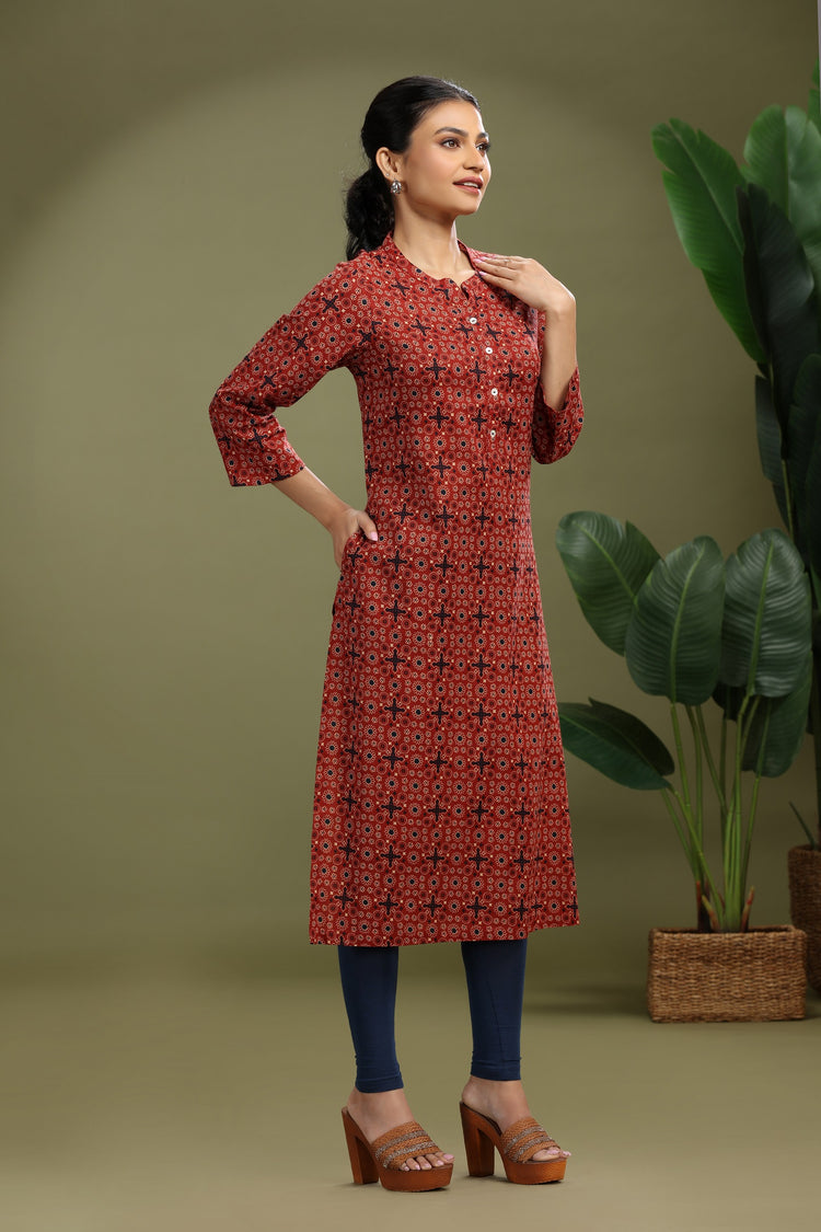 Maroon Jaipuri Cotton Printed Straight Kurta
