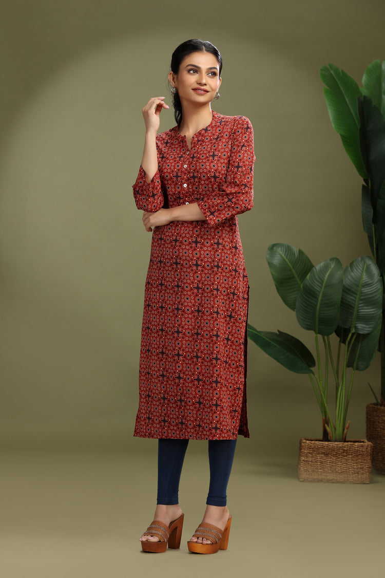 Maroon Jaipuri Cotton Printed Straight Kurta