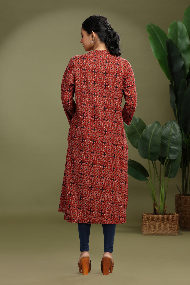 Maroon Jaipuri Cotton Printed Straight Kurta
