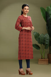 Maroon Jaipuri Cotton Printed Straight Kurta