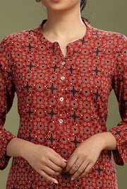Maroon Jaipuri Cotton Printed Straight Kurta