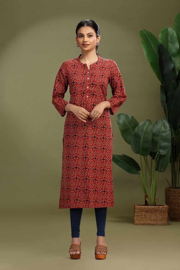 Maroon Jaipuri Cotton Printed Straight Kurta