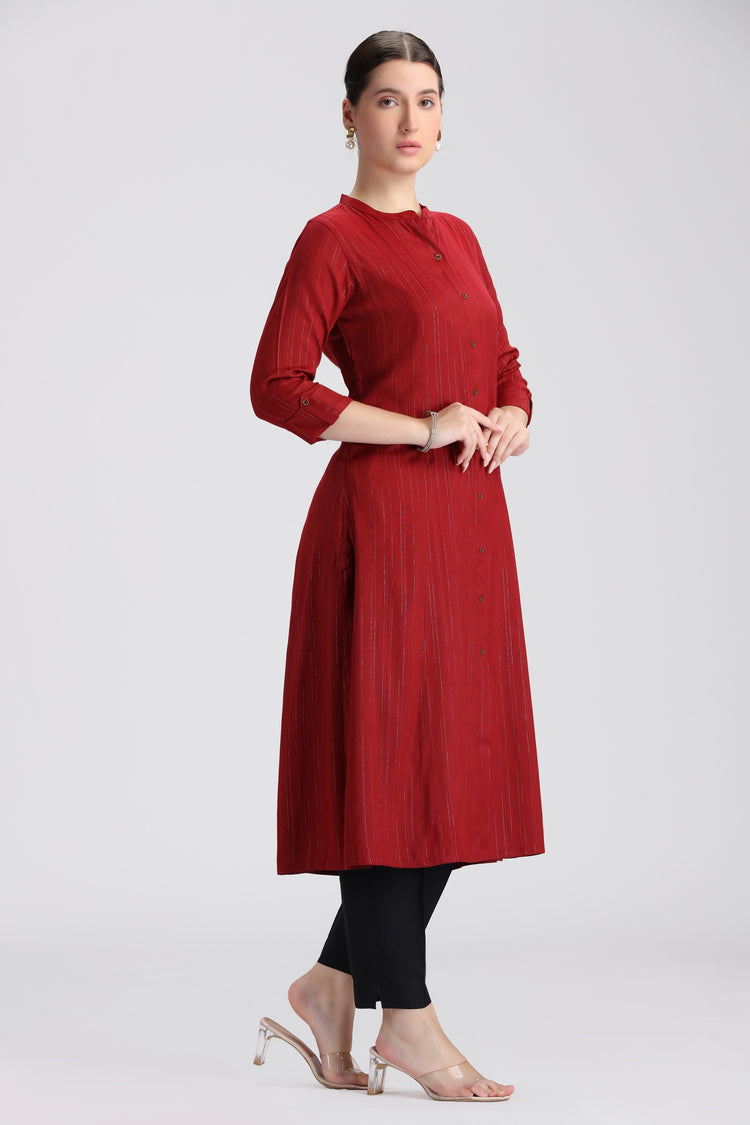 Maroon Jari Stripe Solid A Line Kurta